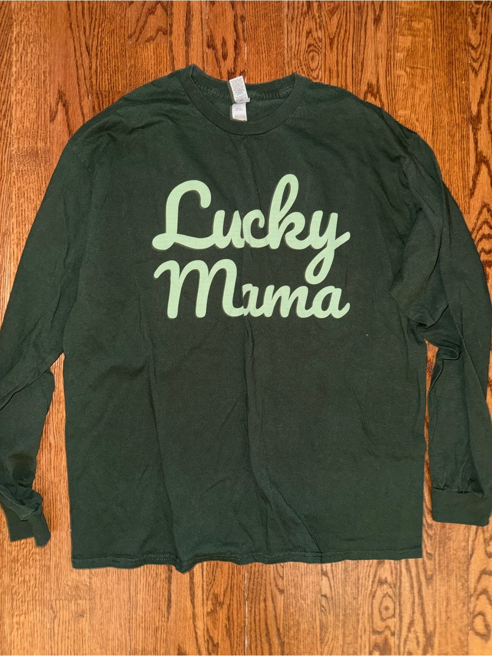 Gildan Dark Green Long Sleeve Tee with Light Green 'Lucky Mama' Script
